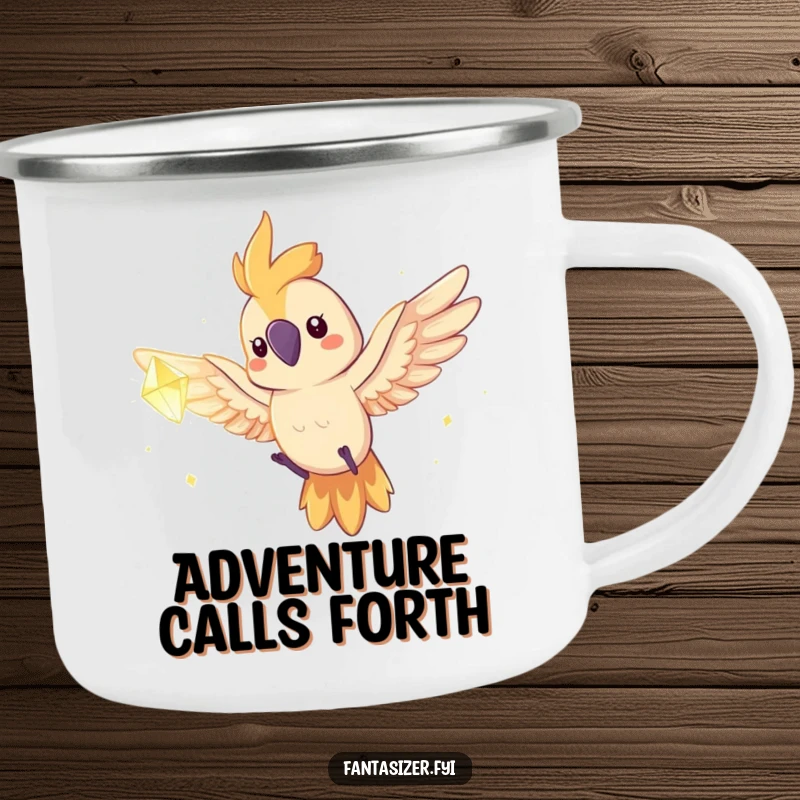 Funny parrot character flying towards a glowing dream crystal on a camping mug, a humorous and durable outdoor companion.