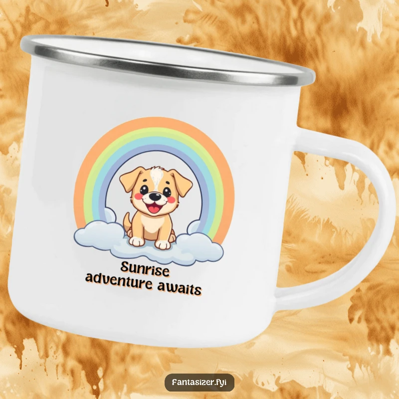 Funny camping mug featuring a cheerful puppy peeking through a rainbow portal, perfect for outdoor drinks.