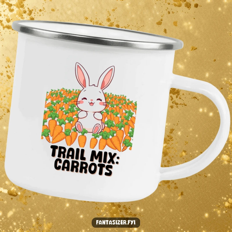 Funny camping mug showcasing a joyful rabbit surrounded by carrots, ideal for outdoor use and bringing a humorous touch to your campsite.