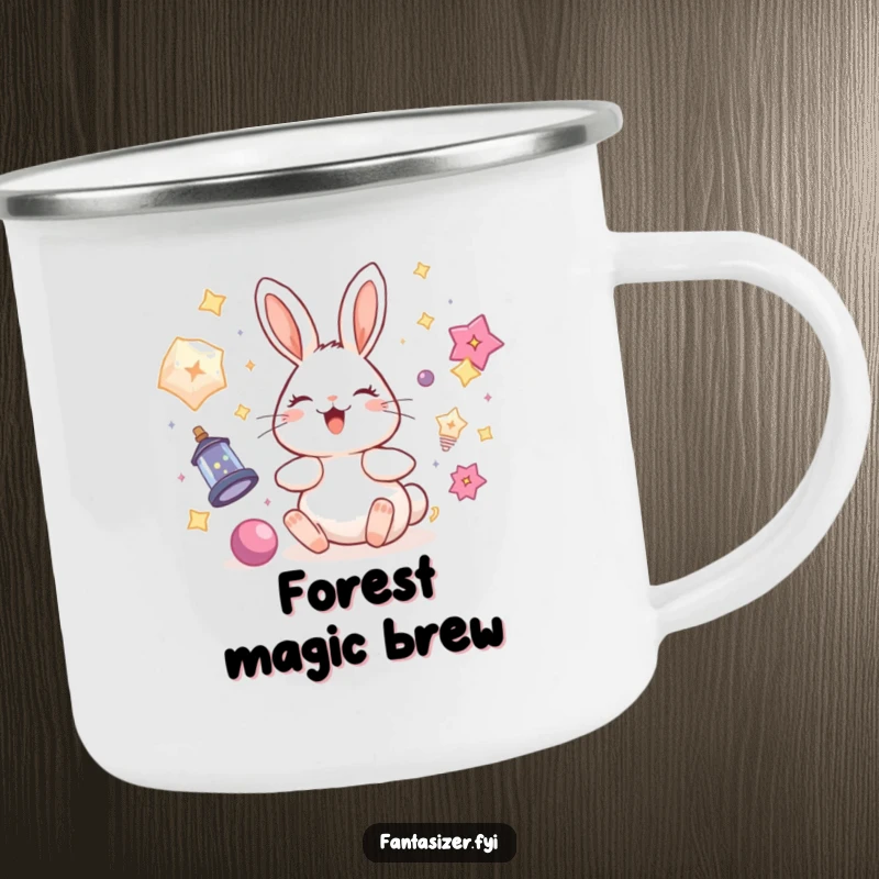Funny rabbit camping mug with a delighted bunny surrounded by floating magical objects, perfect for outdoor adventures and magical sips.