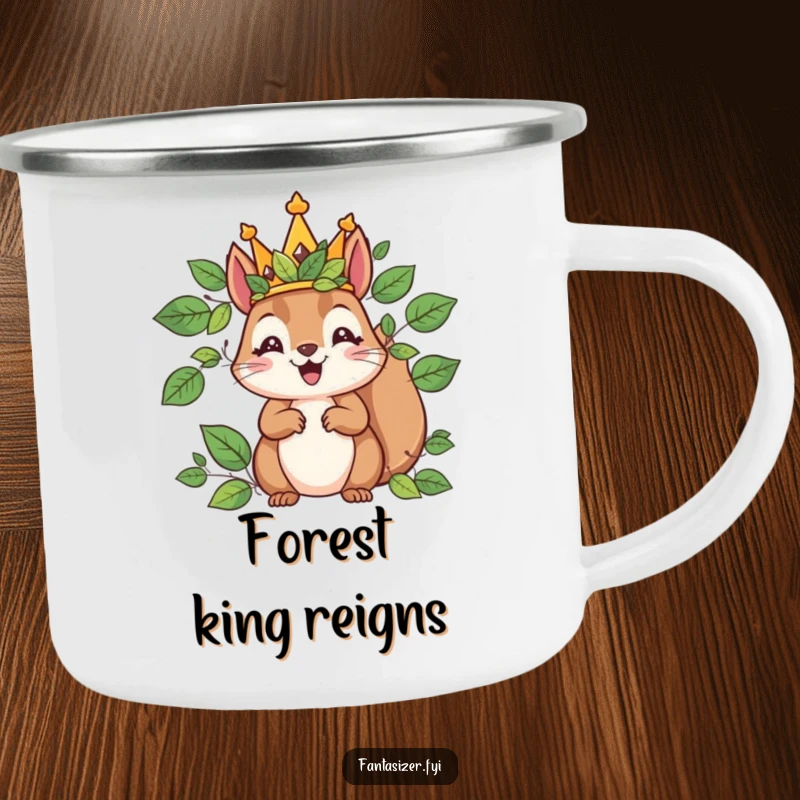 Funny camping mug featuring a delighted squirrel king in a leaf crown, perfect for outdoor adventures and ruling your campsite.