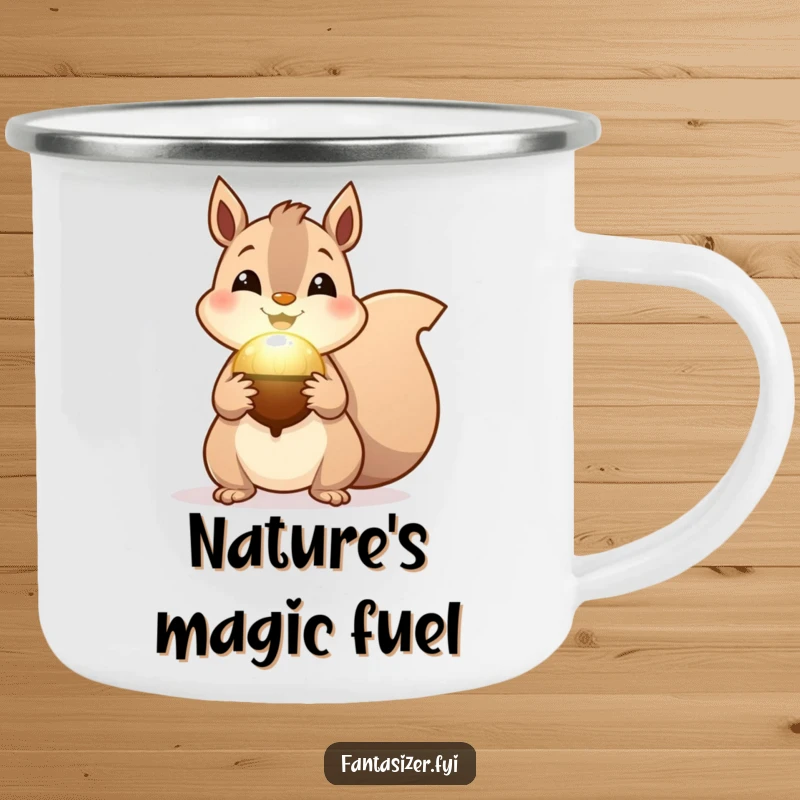 Funny Squirrel Magic Camping Mug, featuring a cheerful squirrel with a magical glowing acorn, perfect for campfire wonder.