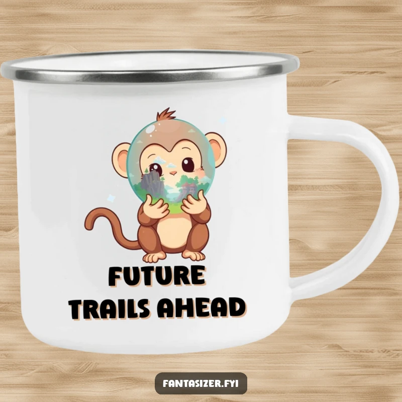 Funny Monkey Camping Mug: Rugged mug with a curious monkey and crystal ball showing a fantasy landscape, ideal for outdoor humor.