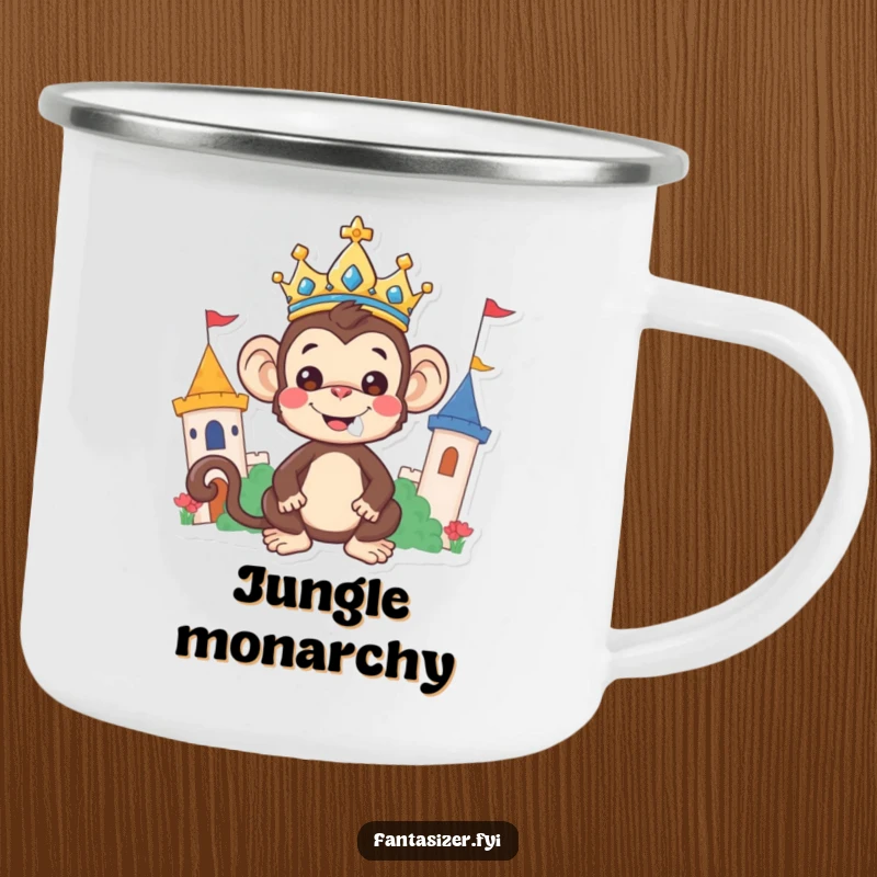 Funny Monkey Camping Mug: A crowned monkey joyfully rules a whimsical land, perfect for sipping adventurous beverages.