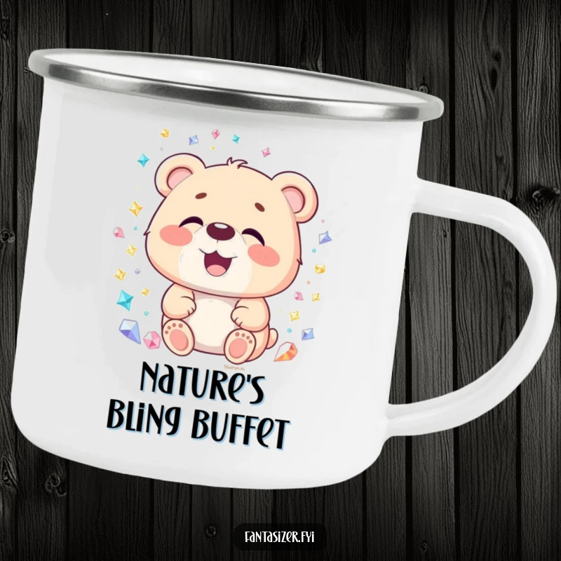 Funny Bear Gemstone Camping Mug: A delighted bear looks at a sparkling gemstone world, perfect for outdoor humor, a funny gift.