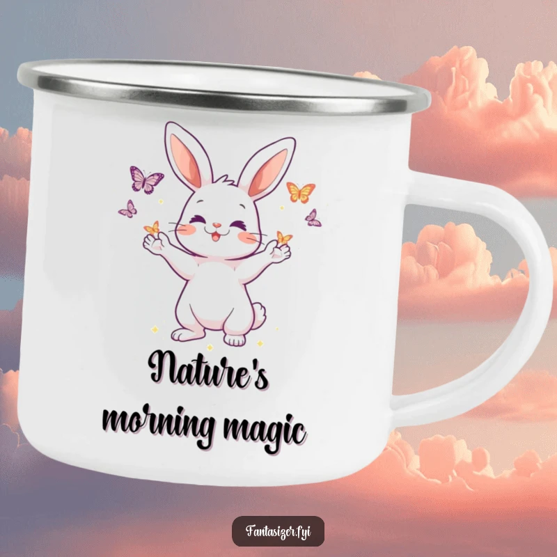 Funny enamel camping mug depicting a playful rabbit conjuring shimmering butterflies from its paws, designed for adventurers and dreamers seeking whimsy.