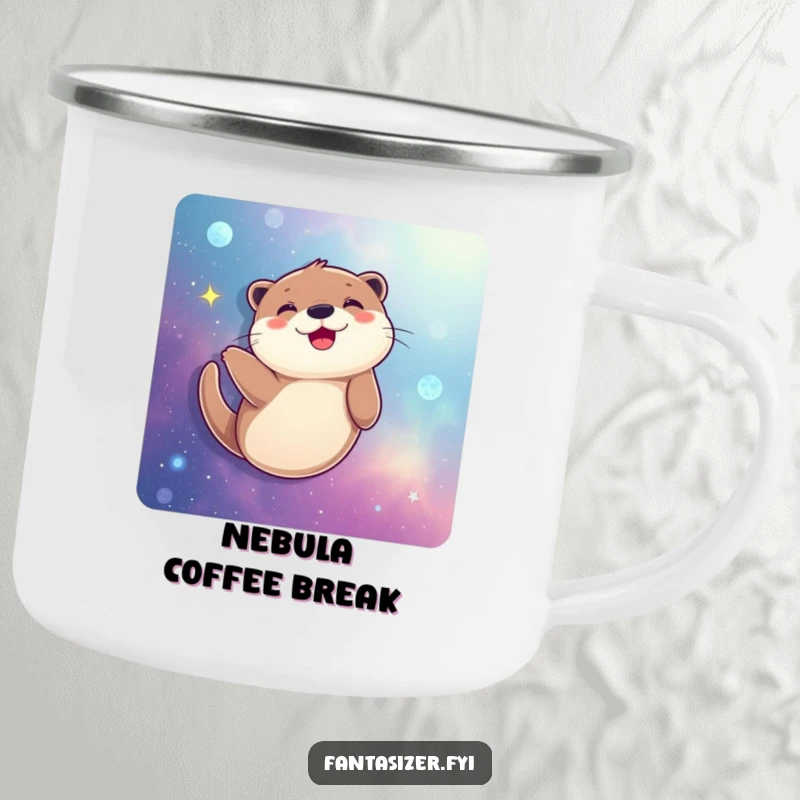 Funny Otter Camping Mug: A joyful otter imagines swimming through a galaxy, perfect for enjoying beverages during outdoor cosmic explorations.