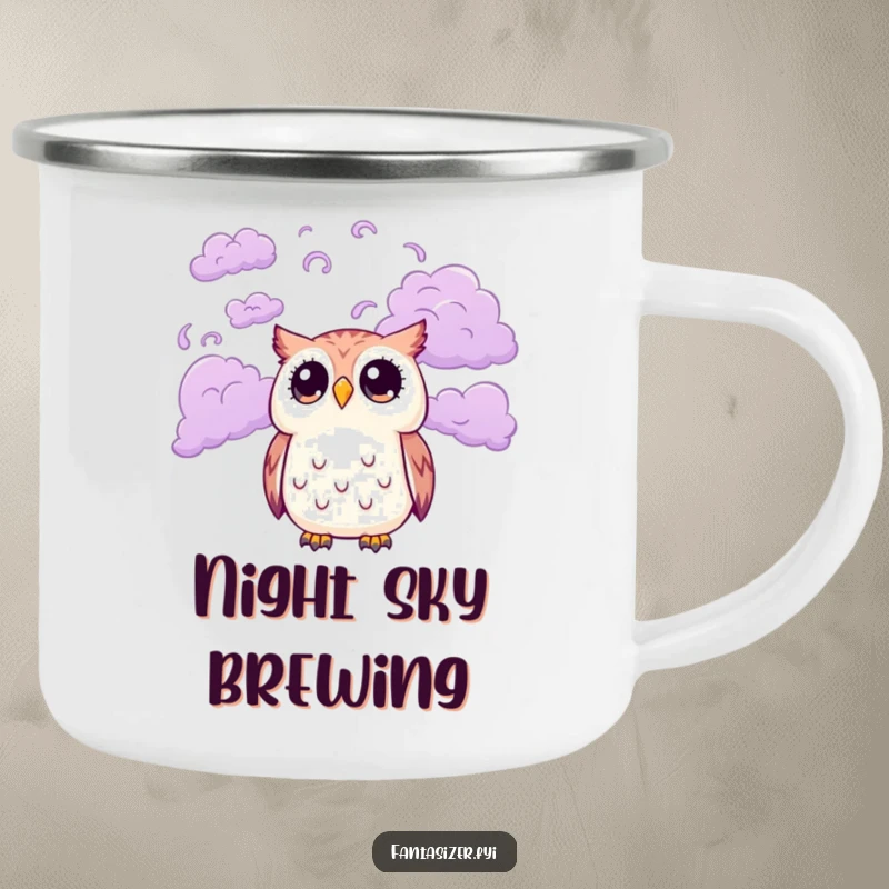 Funny enamel camping mug depicting a cute owl with wide eyes gazing at a sky of swirling purple clouds, designed for adventurers and dreamers seeking whimsy.