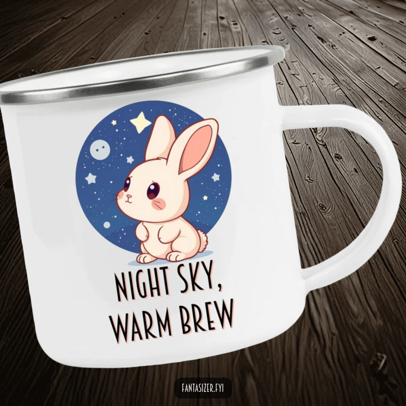Funny Rabbit Camping Mug: A curious rabbit looks up at a starry night sky, perfect for enjoying beverages during outdoor adventures.