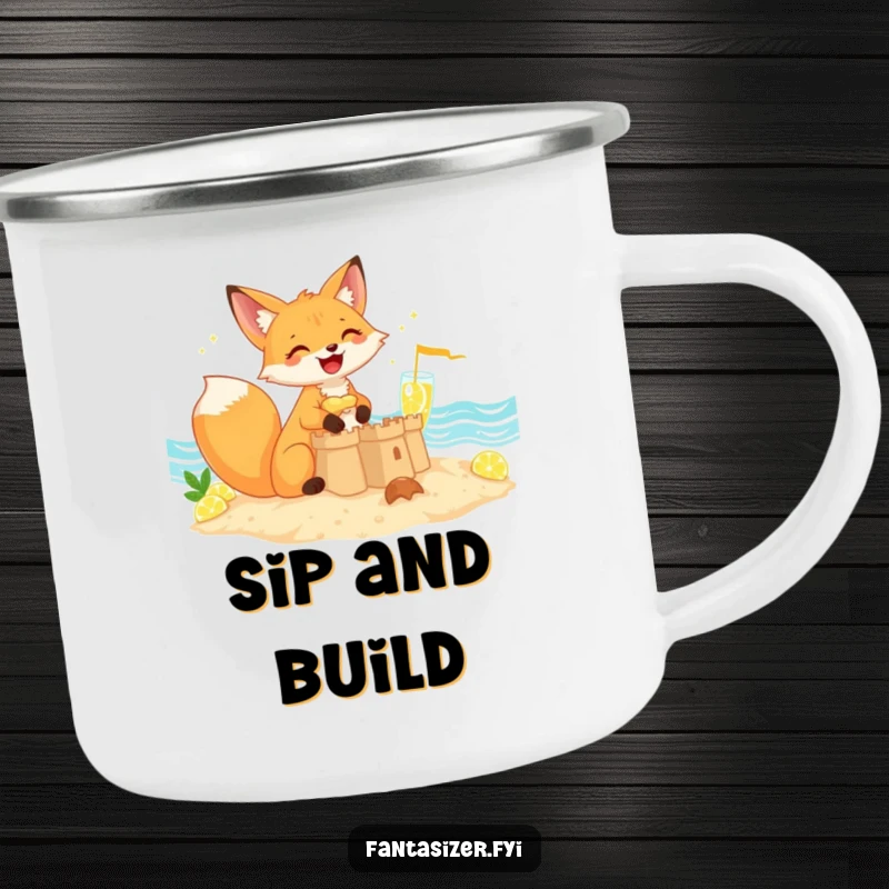 Funny giggling fox building a sandcastle by a lemonade sea, enamel camping mug, great funny gift.