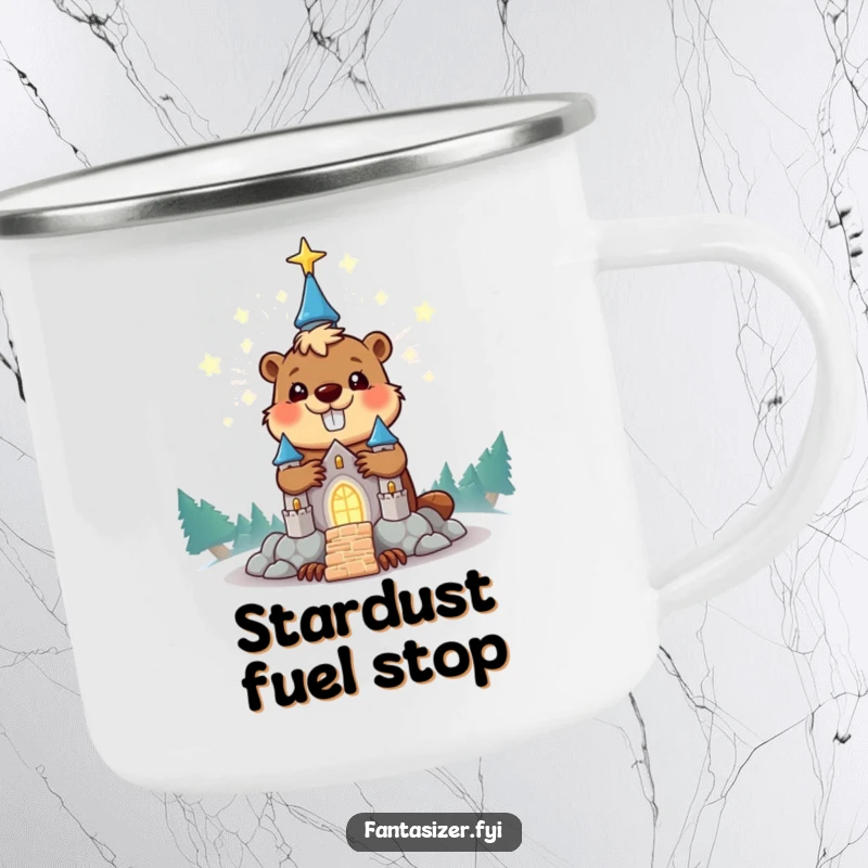 Funny beaver camping mug featuring a happy character building a glowing stardust castle, perfect for humorous outdoor adventures.