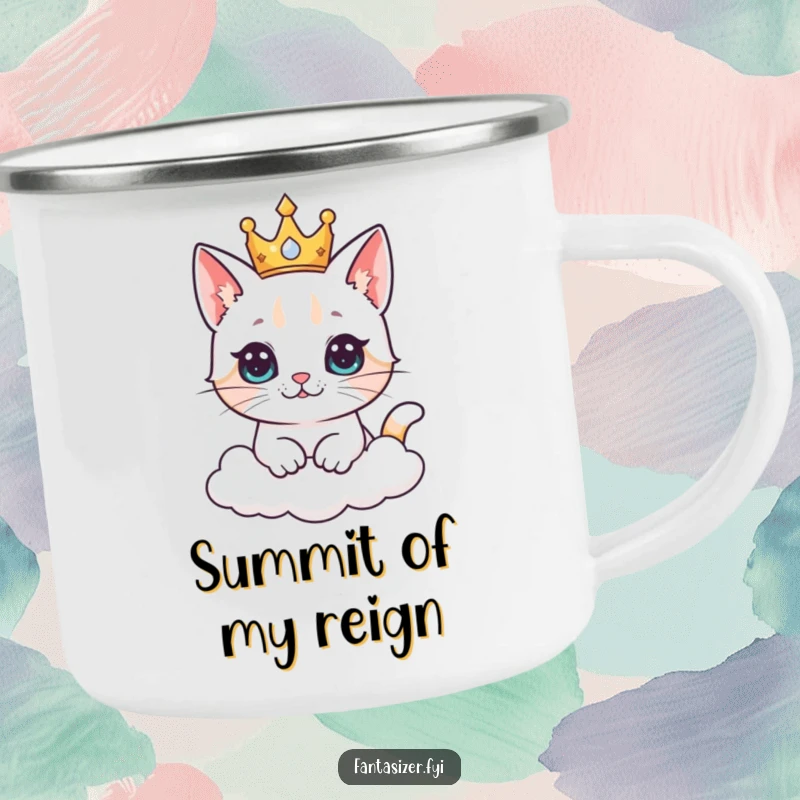Funny cat king camping mug showing a curious cat wearing a crown, ruling a fluffy kingdom in the clouds, perfect for outdoors.