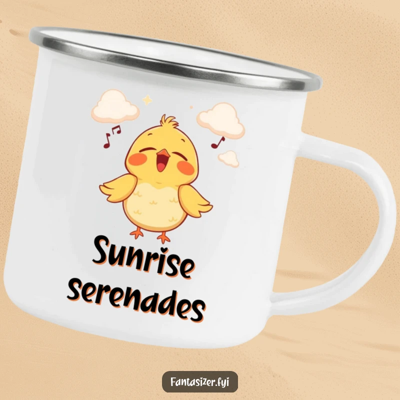 Funny camping mug featuring a joyful bird singing on a cloud stage, perfect for outdoor adventures and musical moments.