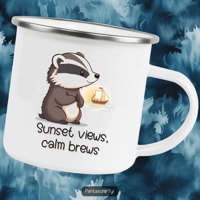 Funny camping mug showing a thoughtful badger with a faraway look, watching a boat sail into a sunset.