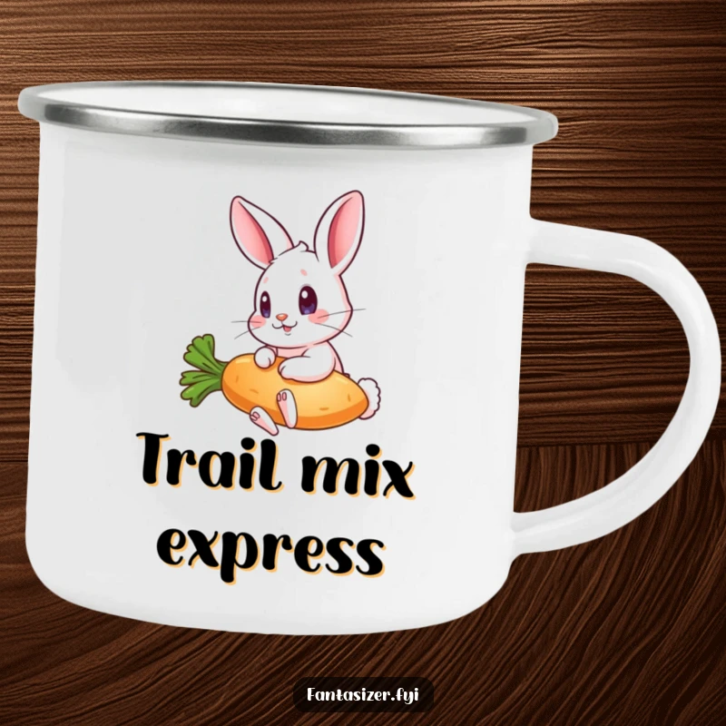 Funny camping mug featuring a wide-eyed rabbit riding a flying carrot, perfect for outdoor enthusiasts who enjoy a good laugh.