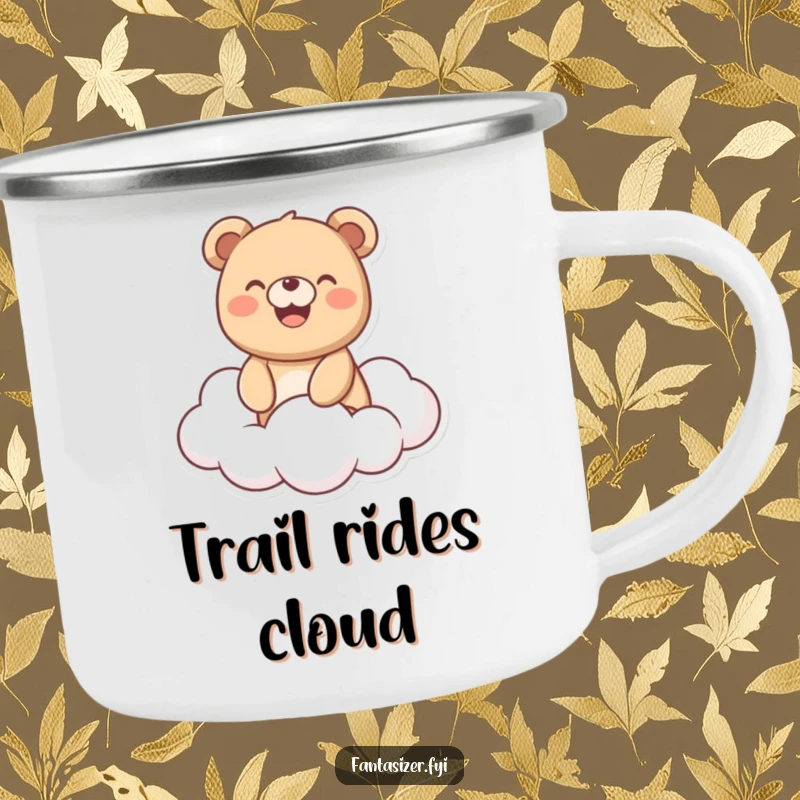 Funny Bear Camping Mug: Cheerful bear riding a fluffy cloud, a humorous and durable mug for outdoor adventures and happy moments.