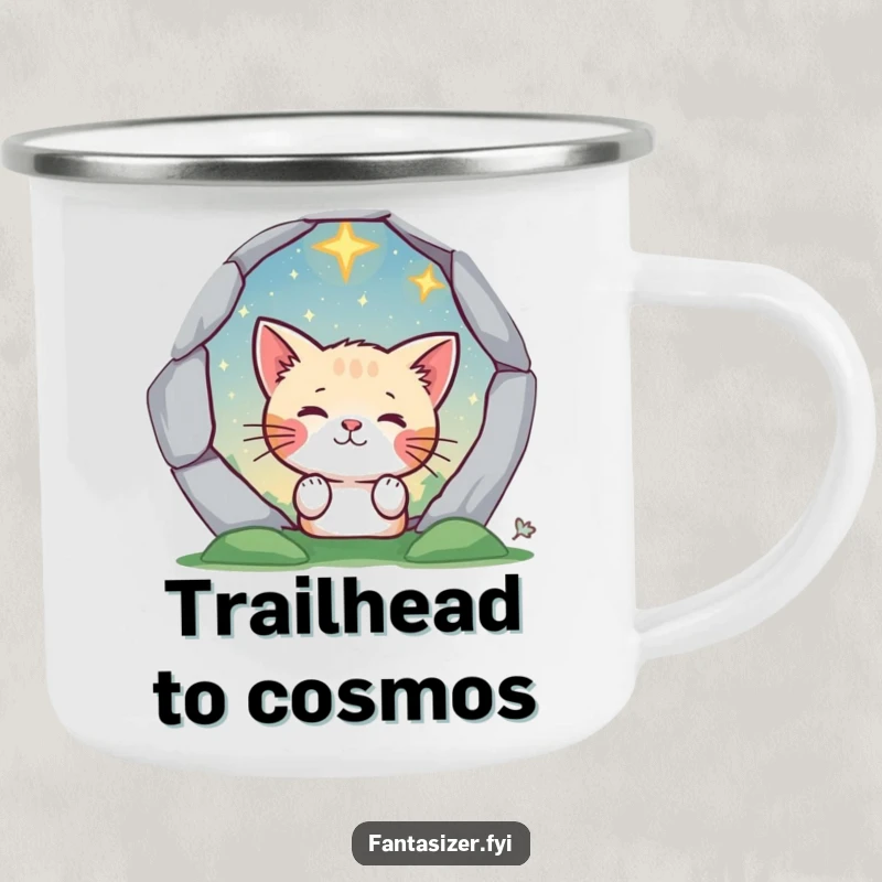 Funny cat peeking through a magical portal to a starry sky on a camping mug, a humorous outdoor companion.