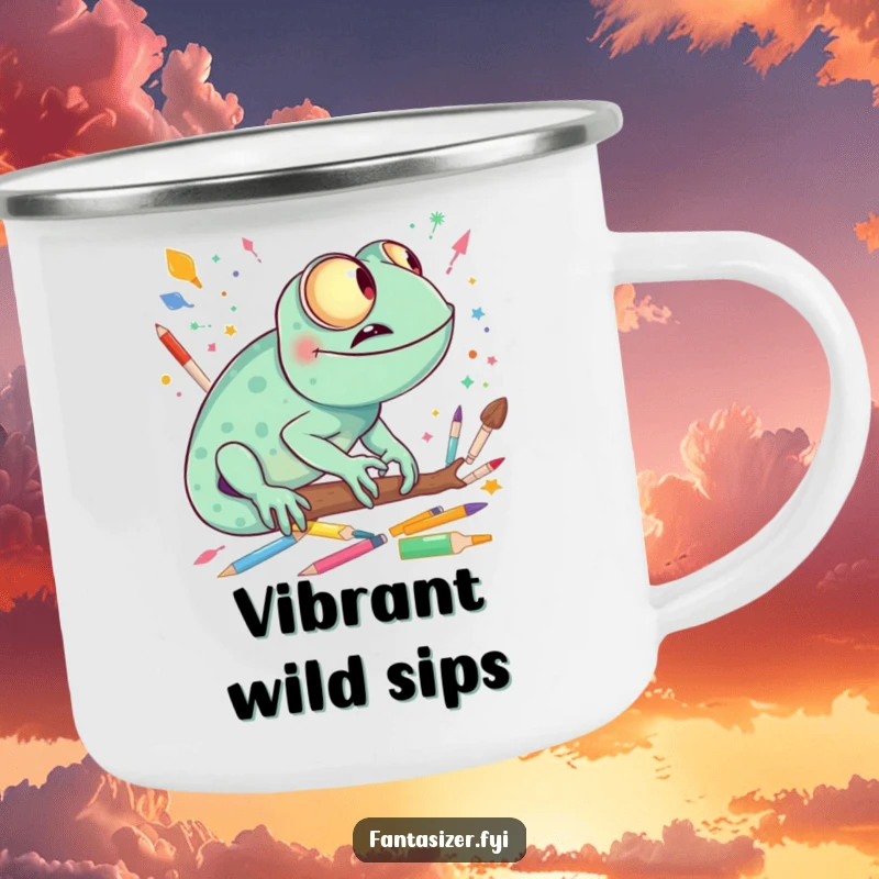 Funny giggling chameleon imagining a world made of colorful art supplies, a sturdy camping mug.