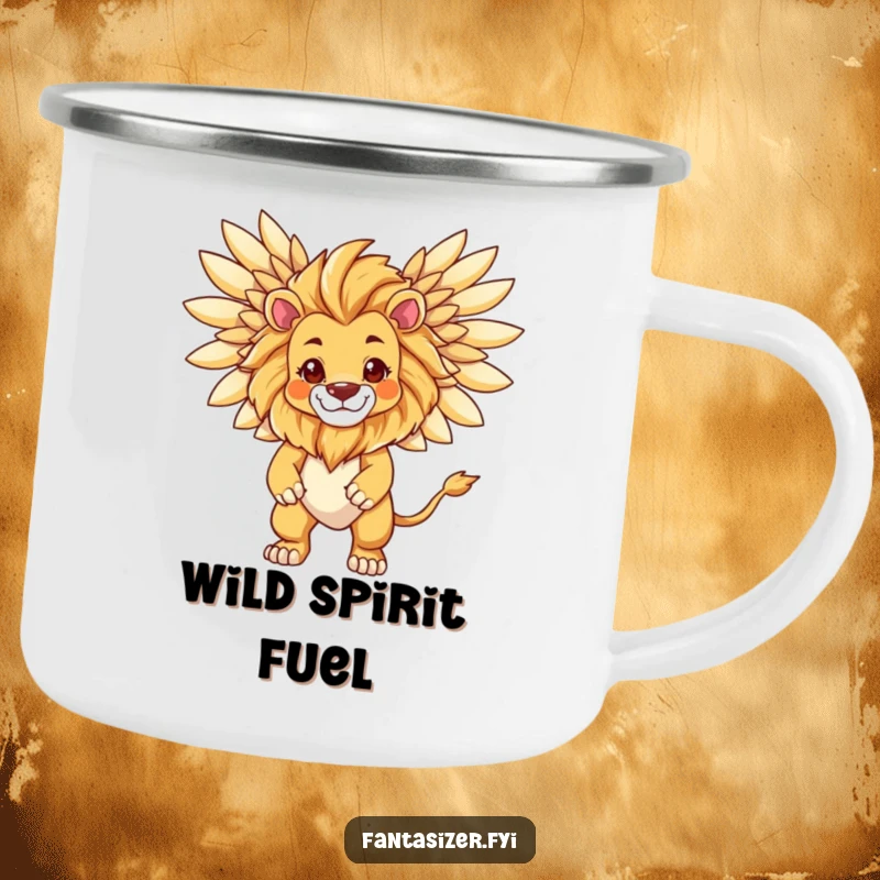 Funny Lion Guardian Camping Mug, featuring a lion transforming into a majestic winged creature, perfect for campfire courage.