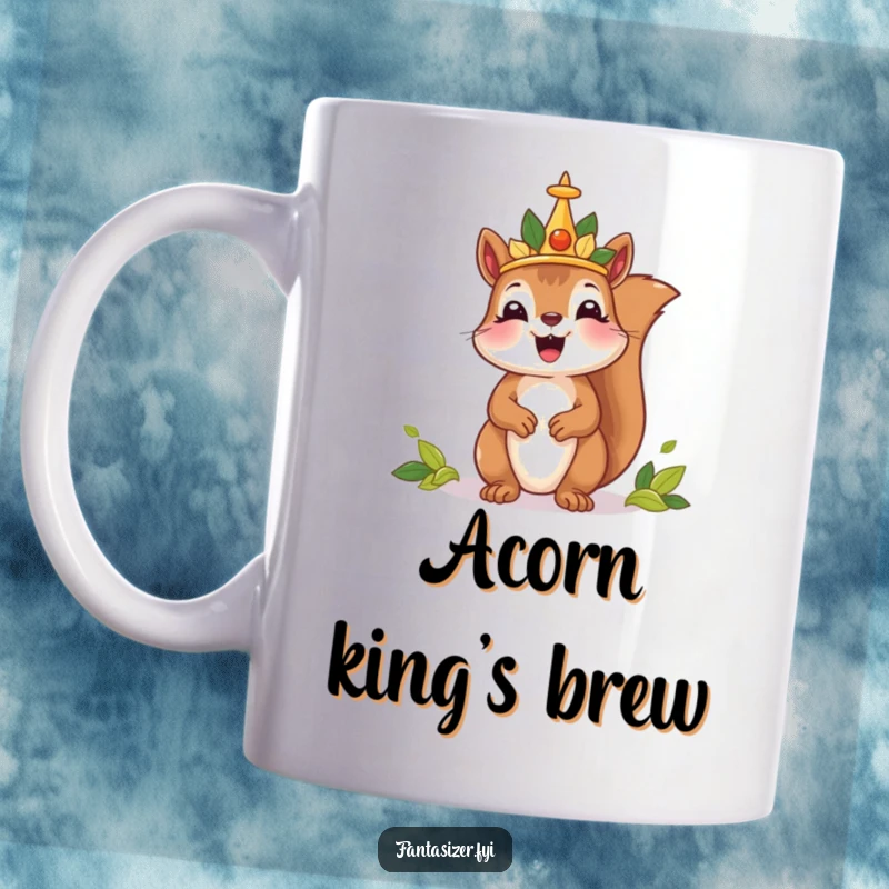 Funny mug featuring a delighted squirrel wearing a crown made of leaves, majestically ruling a tiny, imaginary kingdom.
