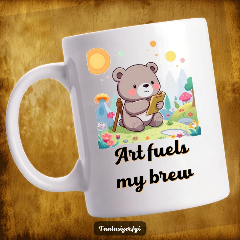 Funny Bear Mug: A whimsical bear character happily paints a vibrant, fantastical landscape, showcasing artistic joy.