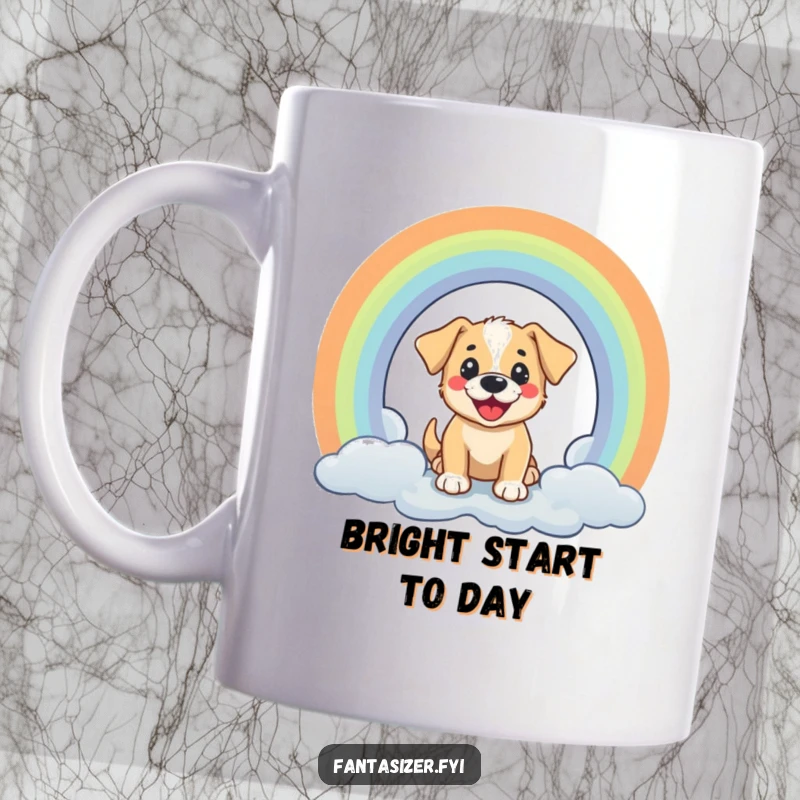 Funny mug features a happy puppy looking through a vibrant rainbow portal, radiating joy and excitement.