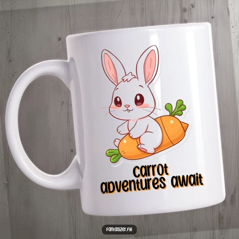 Funny mug with a wide-eyed rabbit pretending to ride a flying carrot, capturing a moment of pure, adventurous imagination.