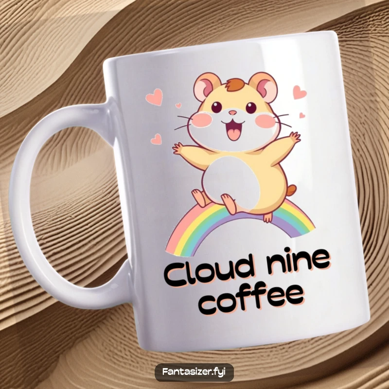 Funny Hamster Mug: A delighted hamster rides a vibrant rainbow with eyes wide in wonder, embodying pure happiness.