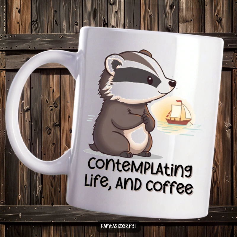 Funny mug showing a thoughtful badger with a faraway look, watching a solitary boat sail into a beautiful sunset.