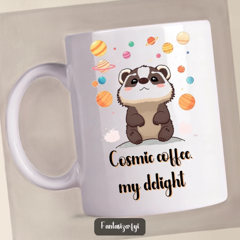 Funny mug with a whimsical badger gazing at a vibrant, colorful planet-filled sky, embodying wonder and cosmic curiosity.