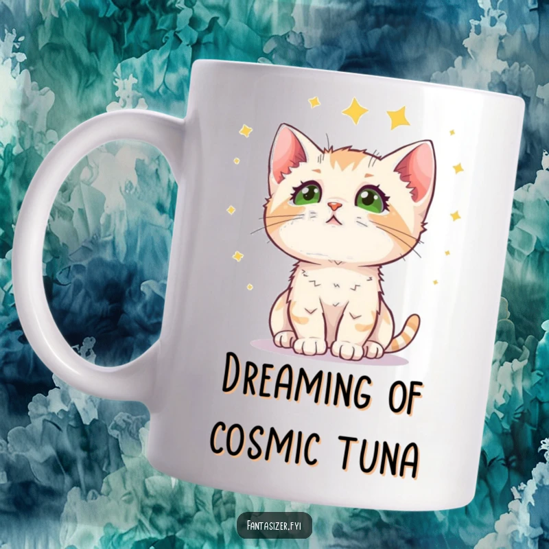 Funny kitten mug featuring a curious feline gazing upwards at a starry night sky, full of wonder and cosmic dreams, a delightful gift.