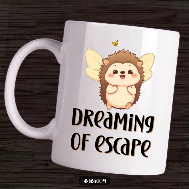 Funny mug features a delighted hedgehog with colorful butterfly wings, imagining soaring through the sky.