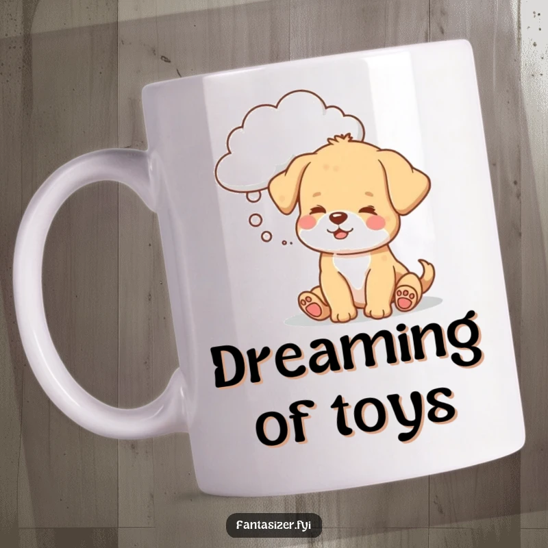 Funny puppy mug, a cute dog daydreaming with a toy-shaped cloud above, showing playful imagination.