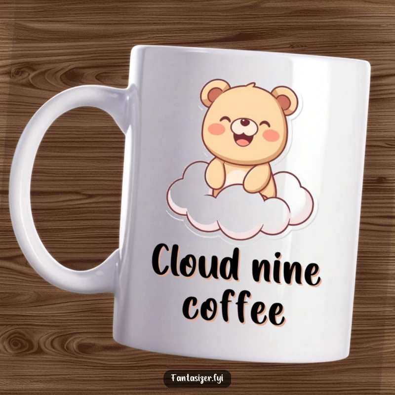 Funny Bear Mug: Joyful bear with a big smile rides a fluffy cloud, embodying happiness and fun, a perfect whimsical gift.