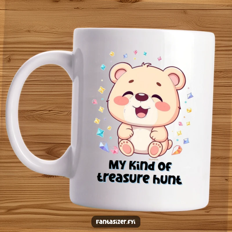 Funny Bear Mug: A delighted bear with mouth agape, mesmerized by a sparkling gemstone world, perfect for a funny gift.