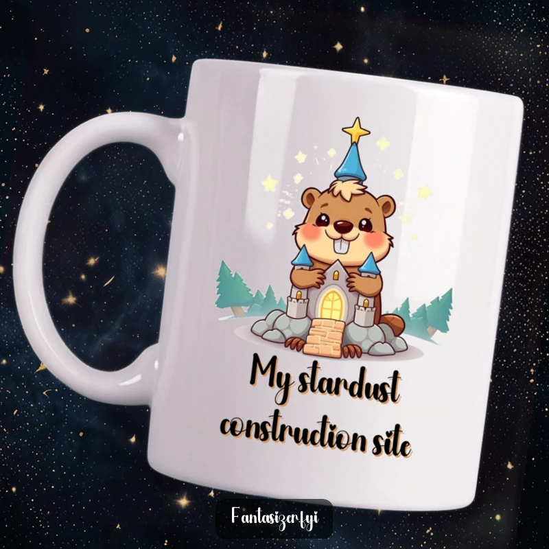 Funny beaver mug with a happy character building a glowing stardust castle, ideal for a whimsical and funny gift.