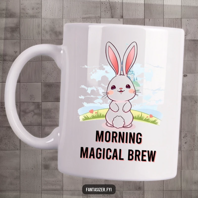 Funny happy bunny gazing at a distant, shimmering castle in the clouds, a magical and humorous mug.