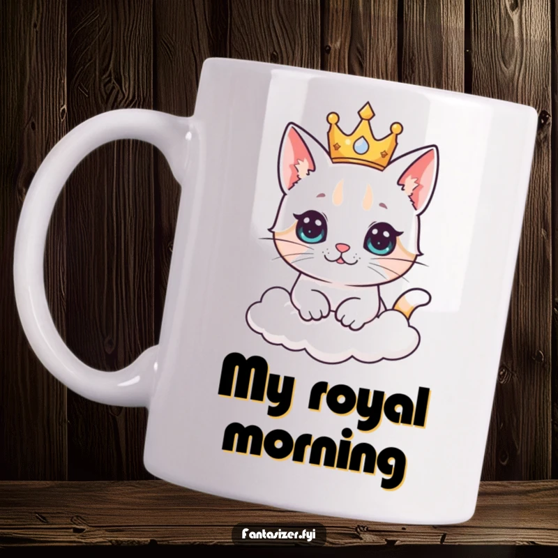 Funny cat king mug featuring a curious cat wearing a crown, daydreaming about ruling a majestic cloud kingdom above.