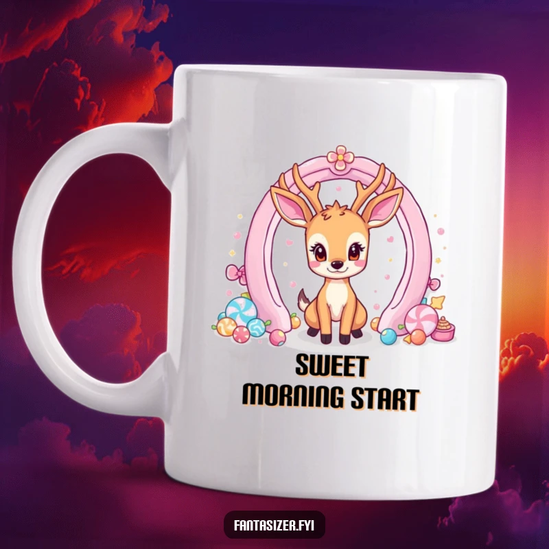 Funny mug featuring a beaming deer looking enthusiastically at a swirling portal filled with colorful candies and sweets.