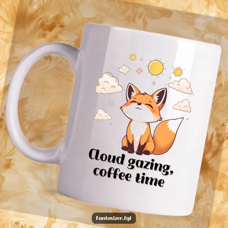 Funny mug shows a joyful fox gazing at clouds, happily imagining fantastical shapes and whimsical creatures.