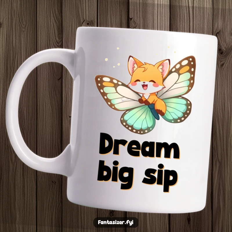 Funny fox cub mug, a happy cub flying joyfully on a large butterfly, representing imagination and freedom.