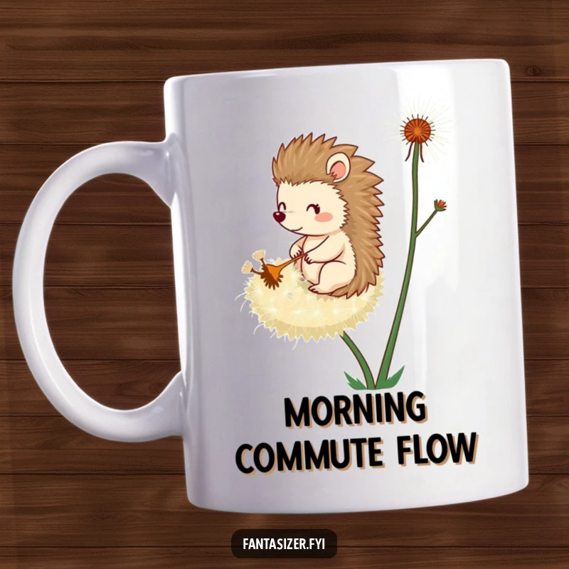 Funny mug featuring a whimsical hedgehog character bravely riding a giant dandelion seed, floating through the air with delight.