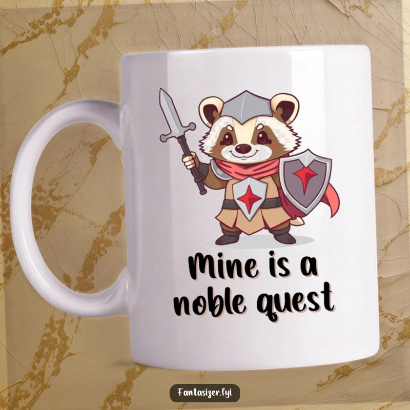 Funny mug featuring a determined badger dressed as a knight, ready for epic quests, perfect for fantasy lovers.
