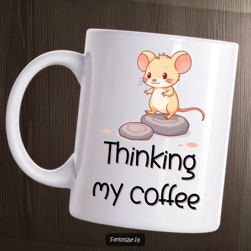 Funny mug featuring a determined mouse carefully stepping on floating stones made of abstract thoughts.