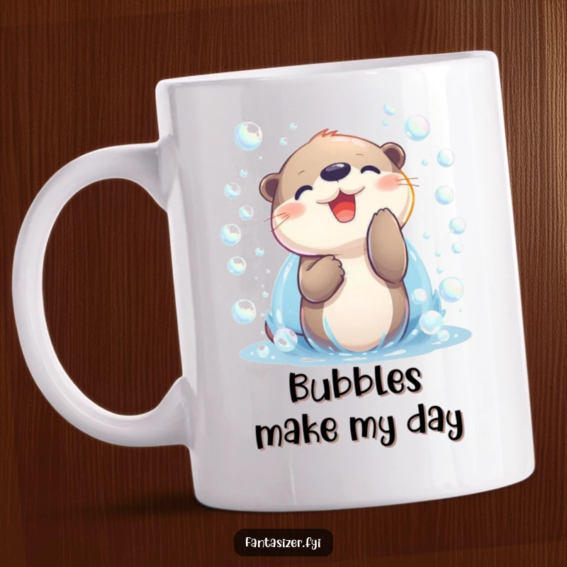 Funny joyful otter character happily playing with a stream of shimmering iridescent bubbles on a mug. Playful and happy.