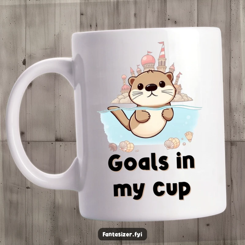 Funny Otter Mug, a determined otter swimming towards a city made of seashells, symbolizing ambition and humor.