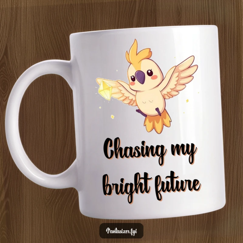 Funny spirited parrot with wings spread flying towards a glowing dream crystal on a mug. Ambitious and colorful.