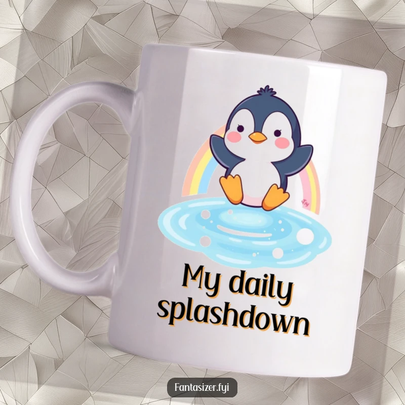 Funny mug featuring a happy penguin joyfully sliding down a vibrant rainbow into a sparkling blue water pool, expressing pure exhilaration.