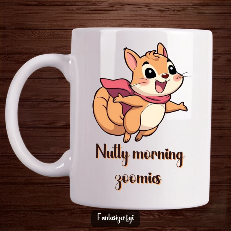 Funny squirrel superhero mug showing an excited squirrel in a cape soaring through the air with determination, a humorous gift.