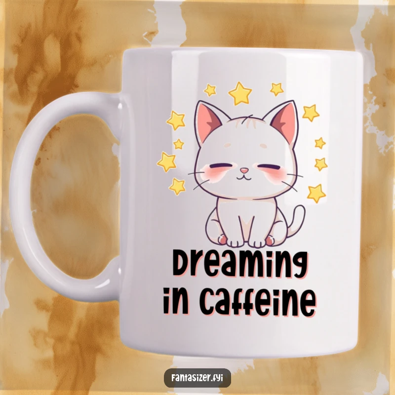 Funny Cat Mug: A whimsical cat peacefully sleeping, surrounded by swirling stars and celestial dreams, showcasing imaginative wonder.